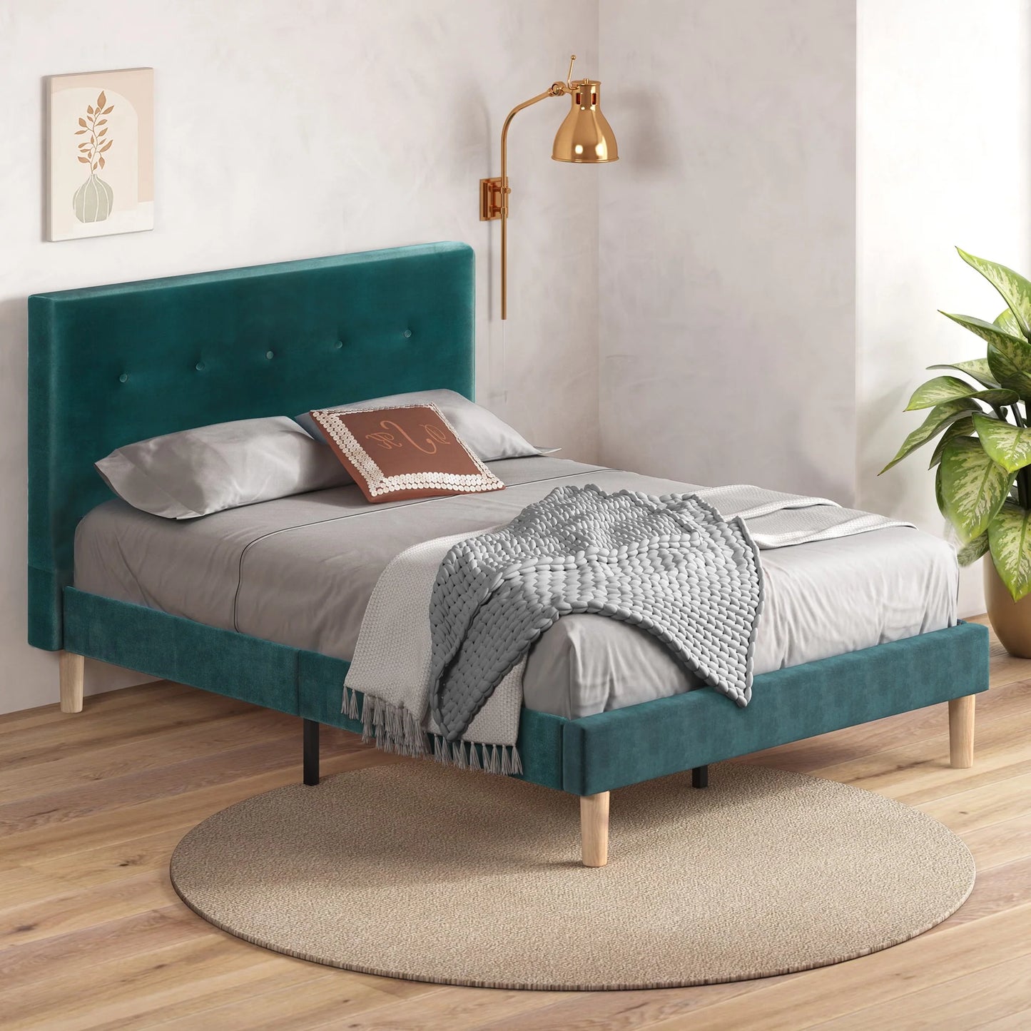 Coco Upholstered Queen Bed Frame Dark Green