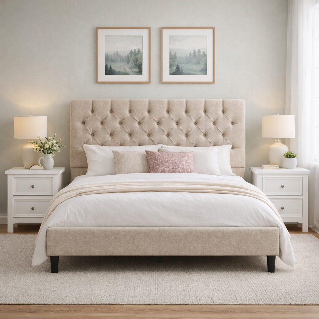 Essentials Tufted Double Bed Frame with USB