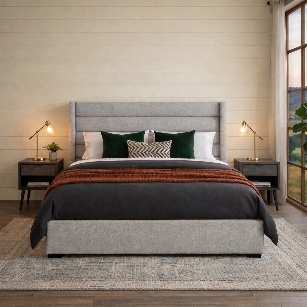 Mosman Gas Lift Upholstered Queen Bed Frame