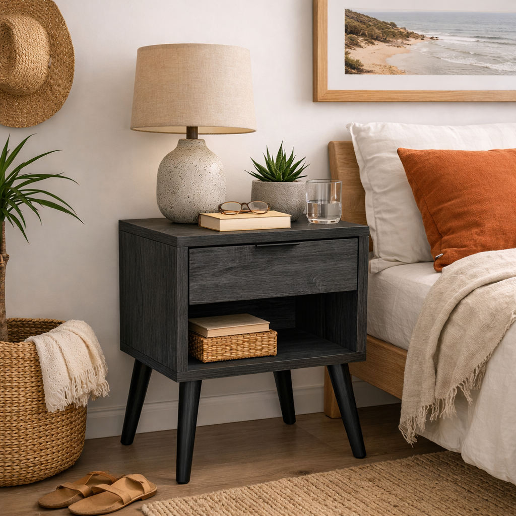 Rio 1 Drawer Bedside Table Charcoal