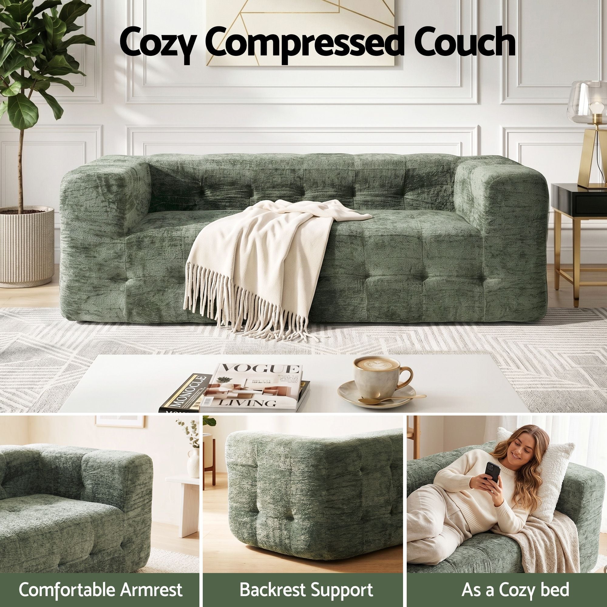 Mickey 3 seater Chenille Sofa Bed Green