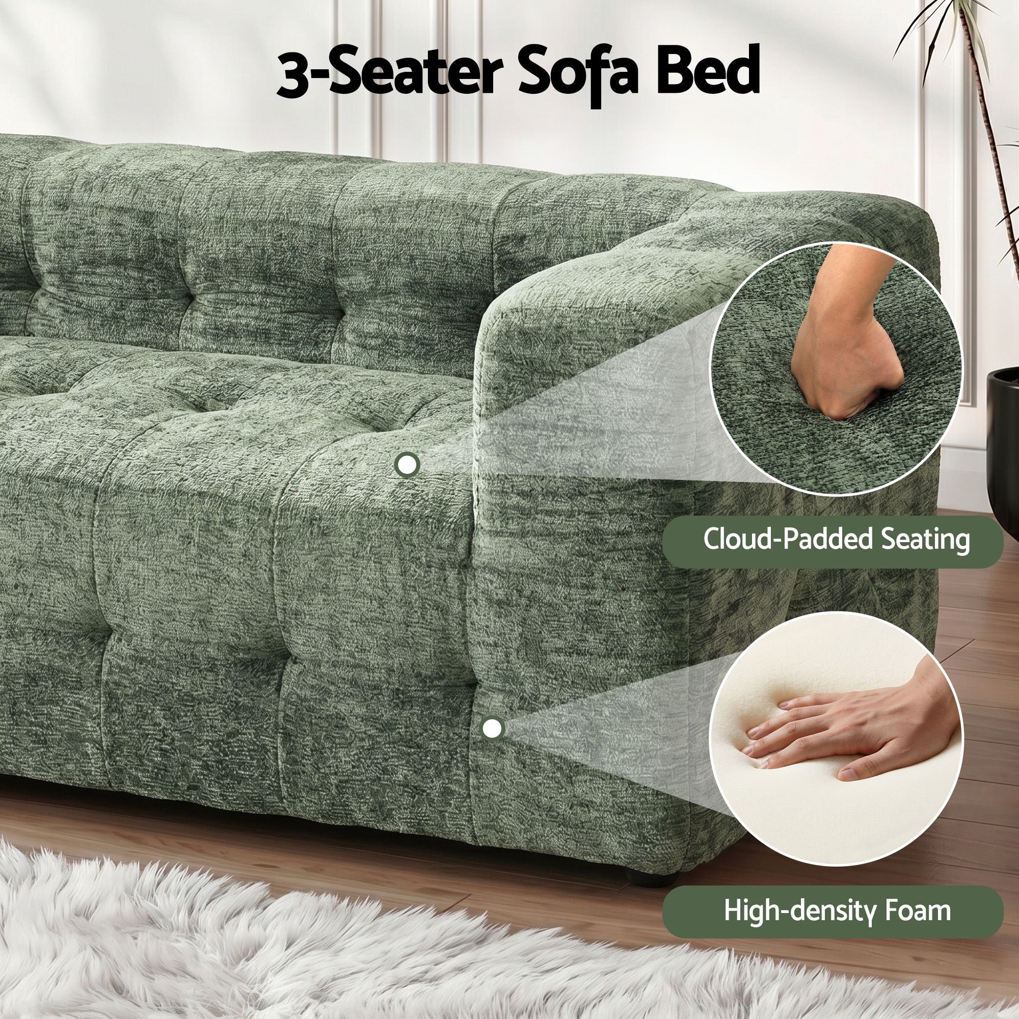 Mickey 3 seater Chenille Sofa Bed Green