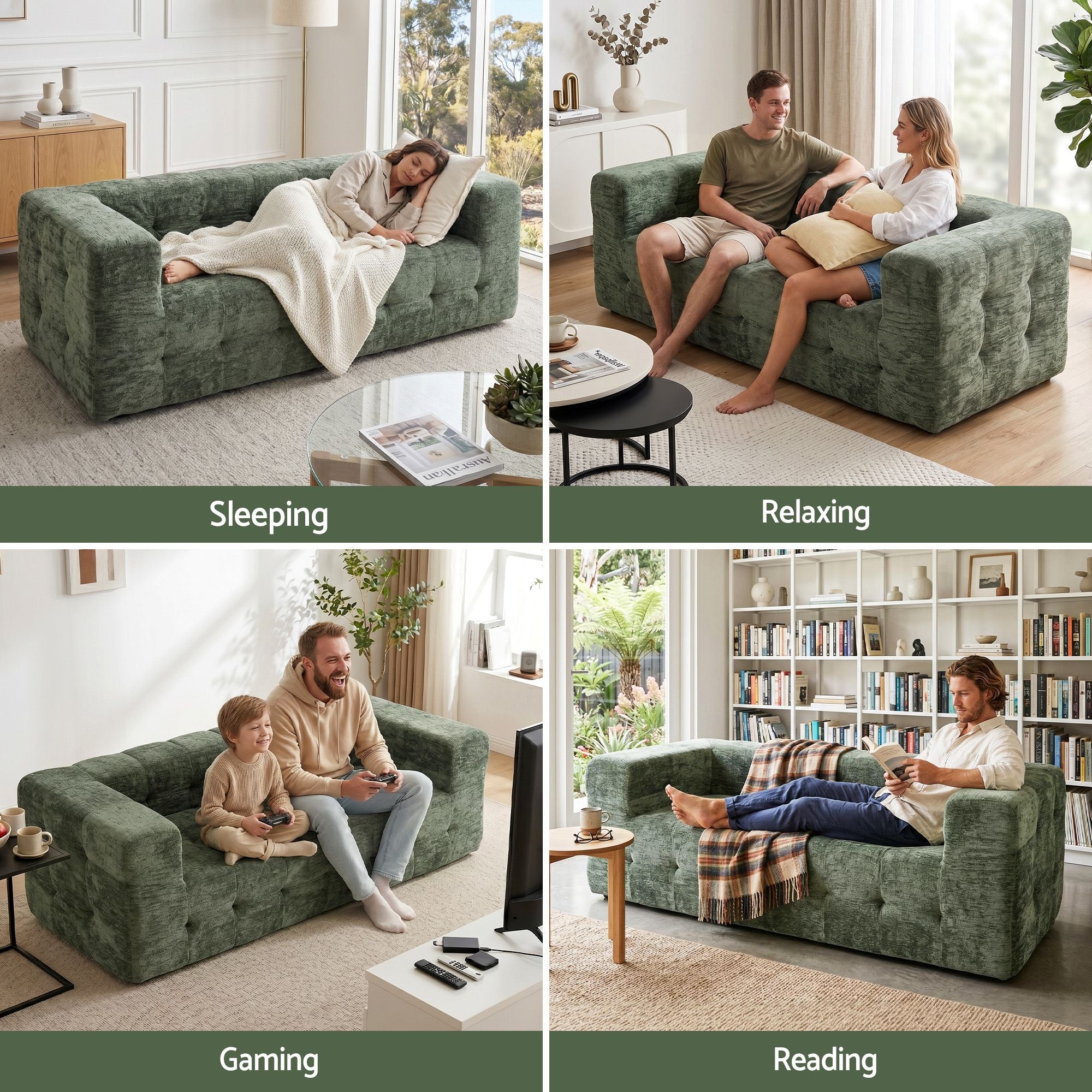 Mickey 3 seater Chenille Sofa Bed Green
