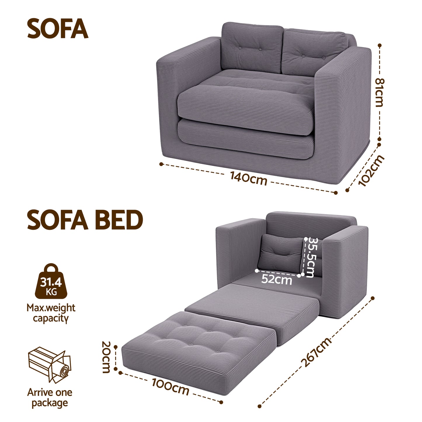 Harlem 2-Seater Sofa Bed Grey