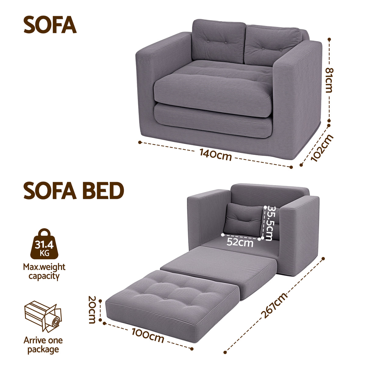 Harlem 2-Seater Sofa Bed Grey