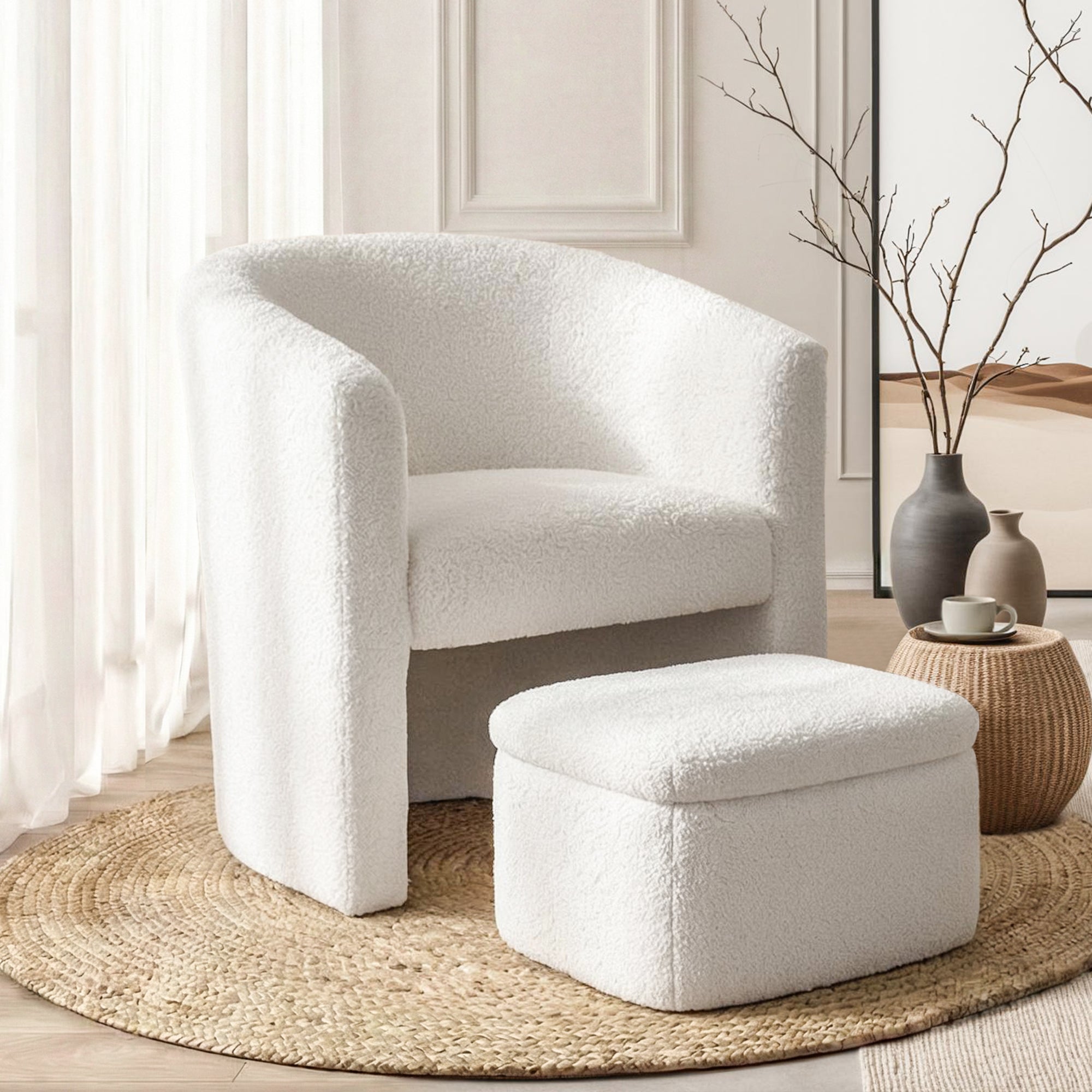 Charlier Boucle Armchair & Footstool Set White