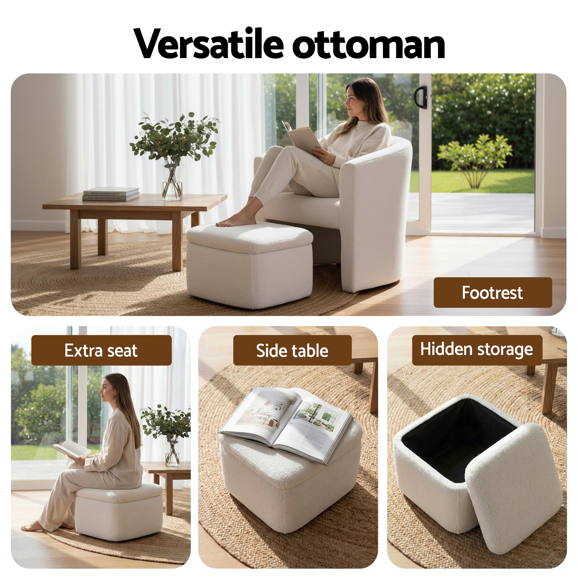 Charlier Boucle Armchair & Footstool Set White