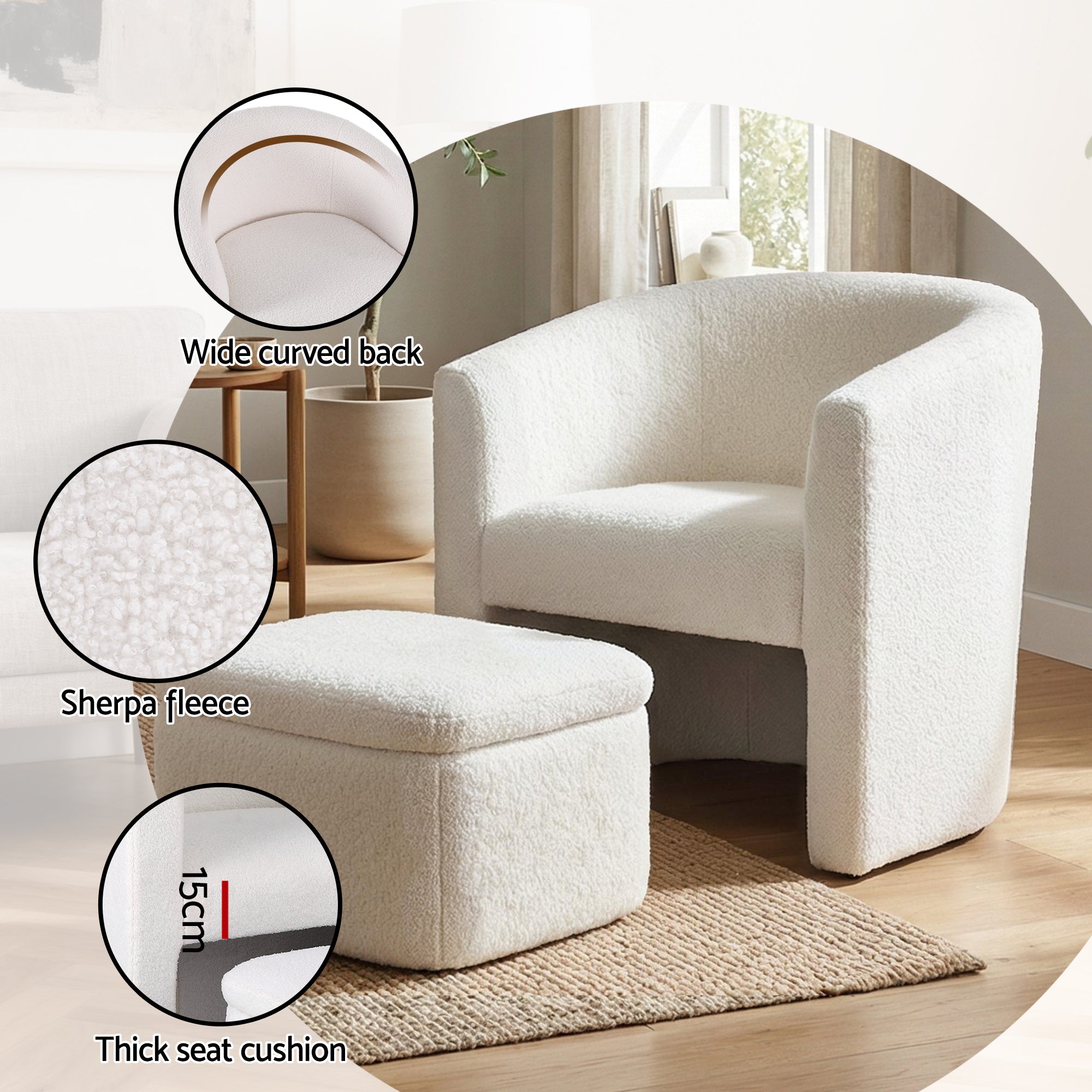 Charlier Boucle Armchair & Footstool Set White
