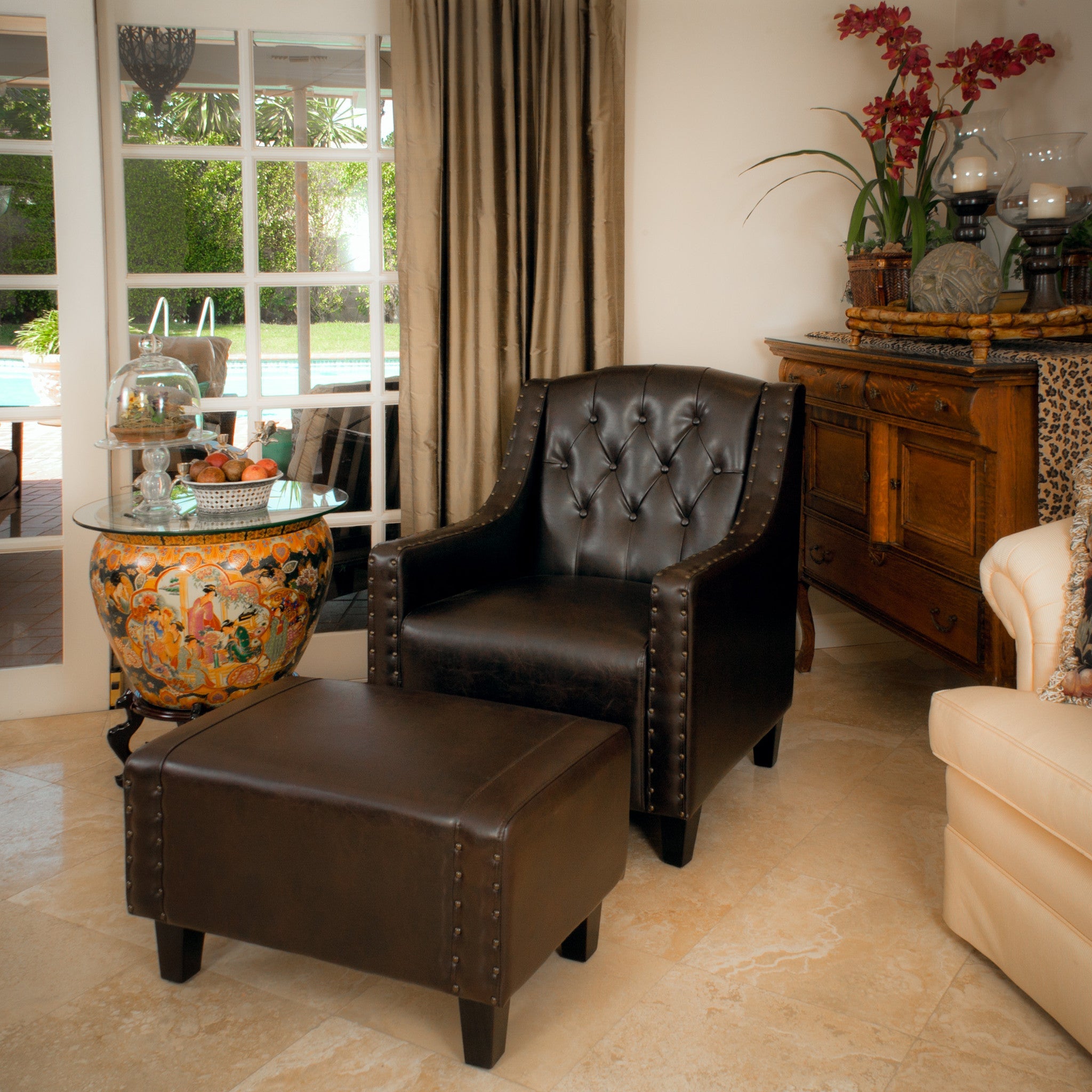 Nottingham Tufted Armchair & Footstool Set Brown