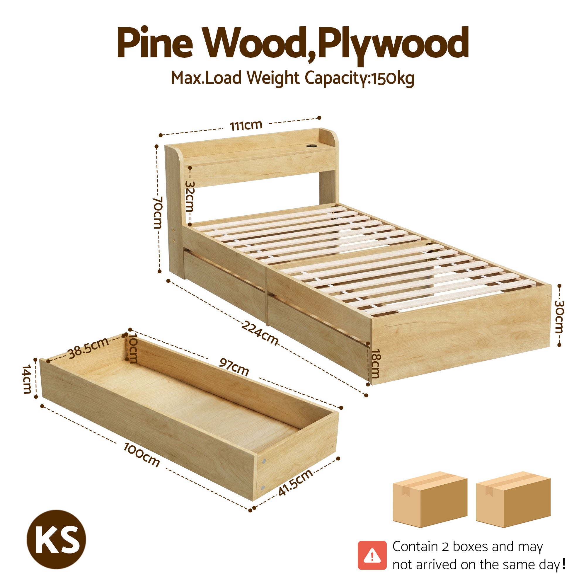 Cassandra 2 Drawer King Single Bed Frame Oak