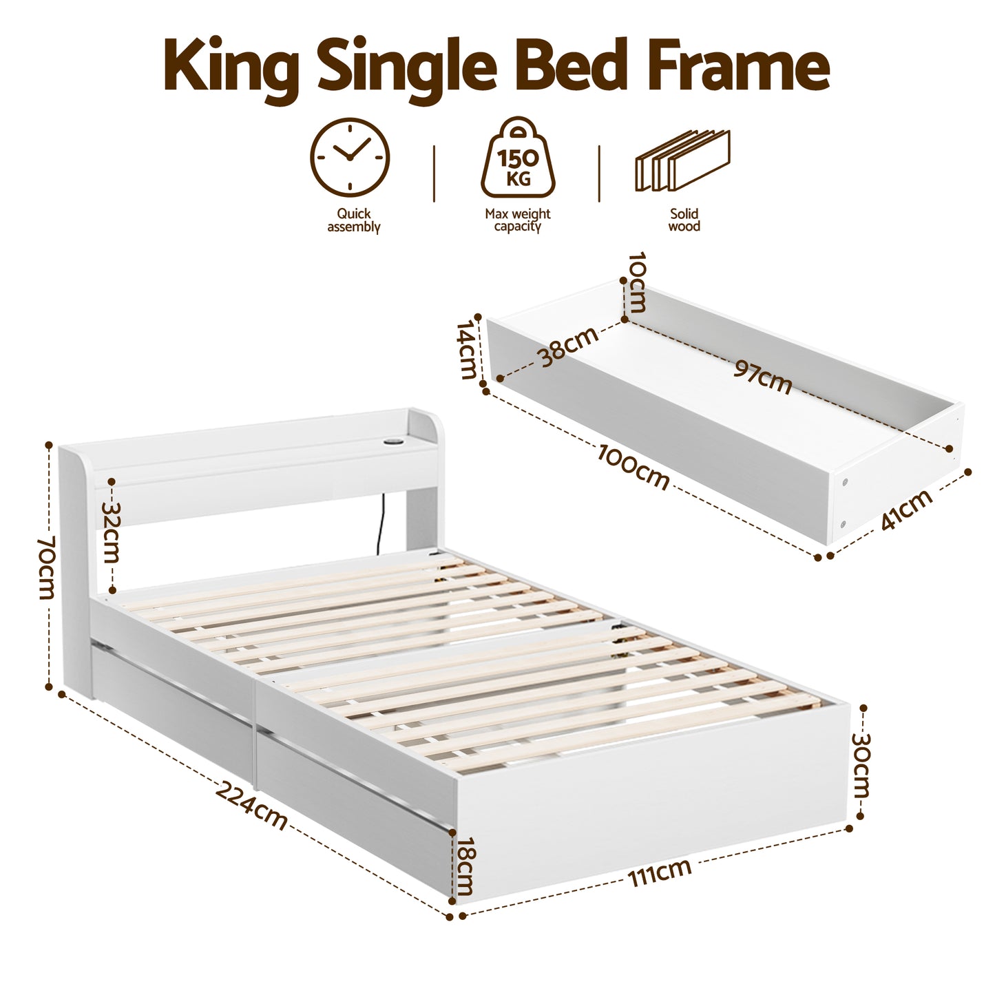 Cassandra 2 Drawer King Single Bed Frame White