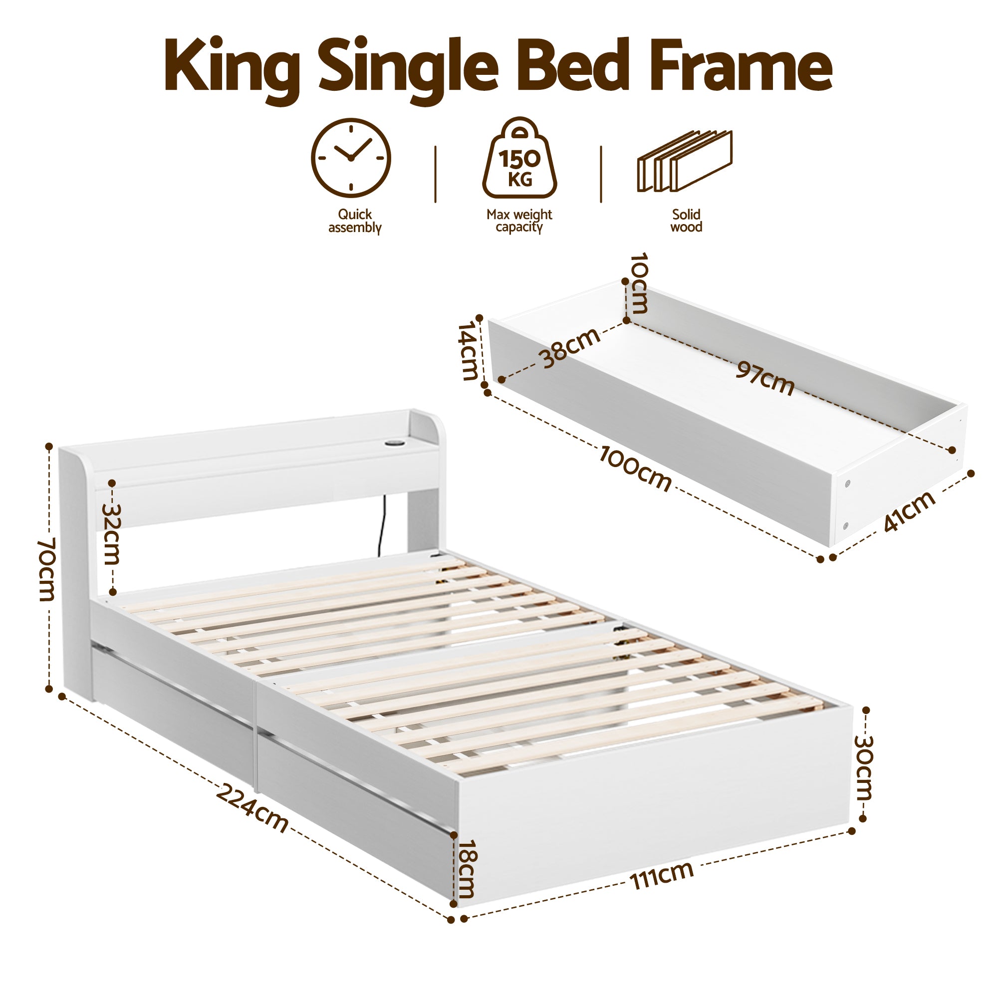 Cassandra 2 Drawer King Single Bed Frame White