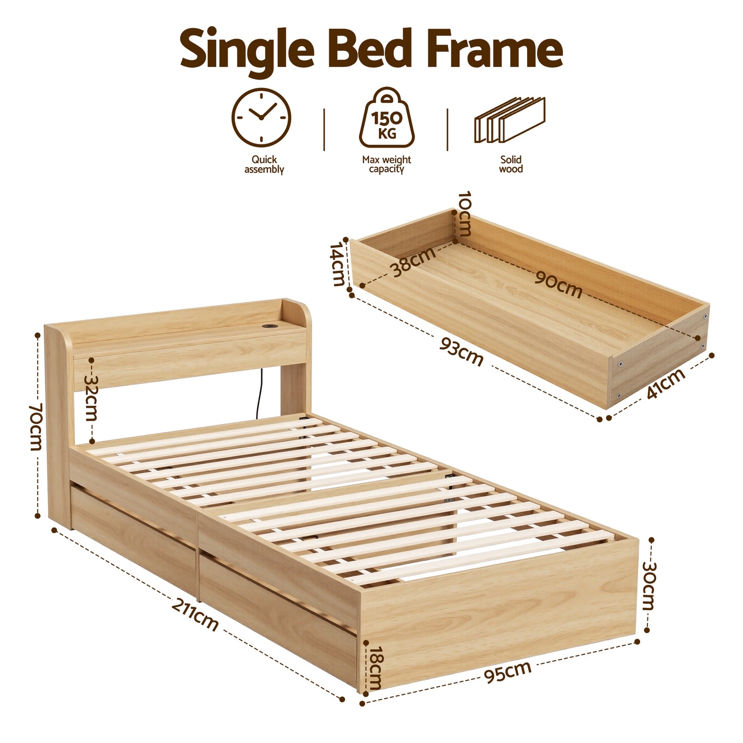 Cassandra 2 Drawer Single Bed Frame Oak