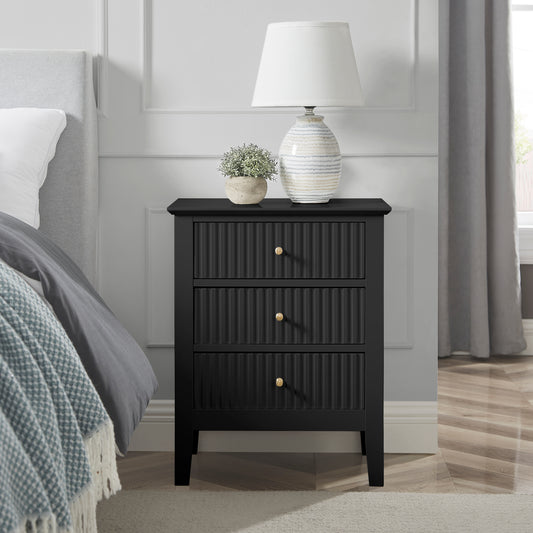 Zara Fluted 3 Draw Bedside - Black