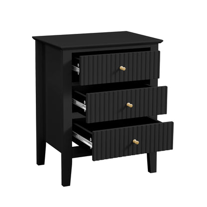 Zara Fluted 3 Draw Bedside - Black