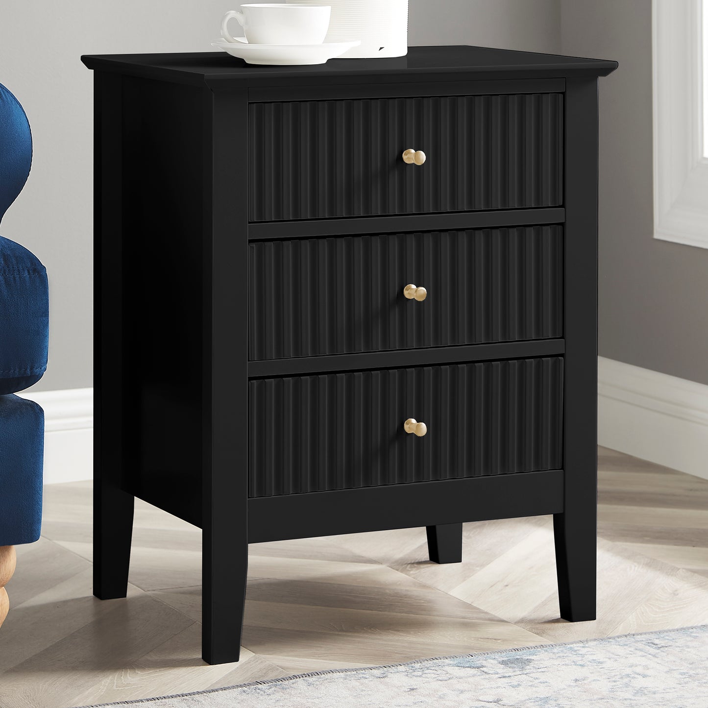 Zara Fluted 3 Draw Bedside - Black