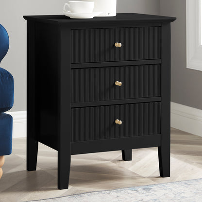 Zara Fluted 3 Draw Bedside - Black