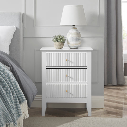 Zara Fluted 3 Draw Bedside - White