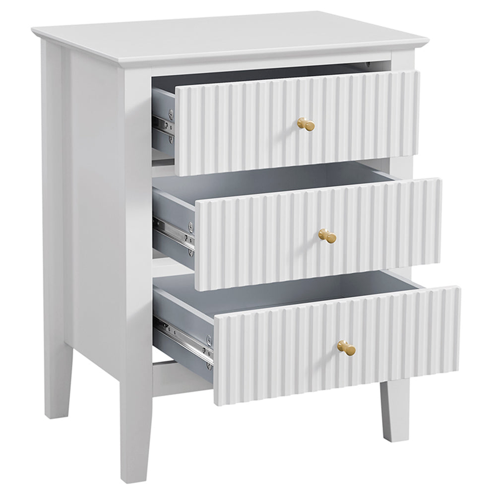 Zara Fluted 3 Draw Bedside - White