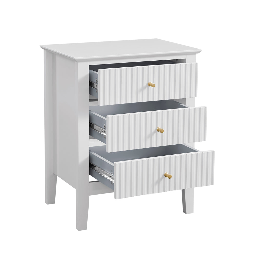 Zara Fluted 3 Draw Bedside - White