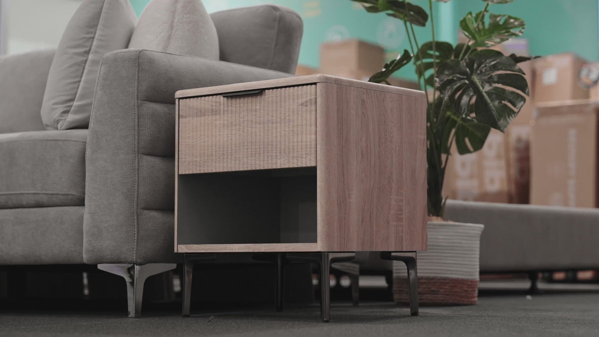 Load video: Rhodes Bedside 1 Drawer Oak